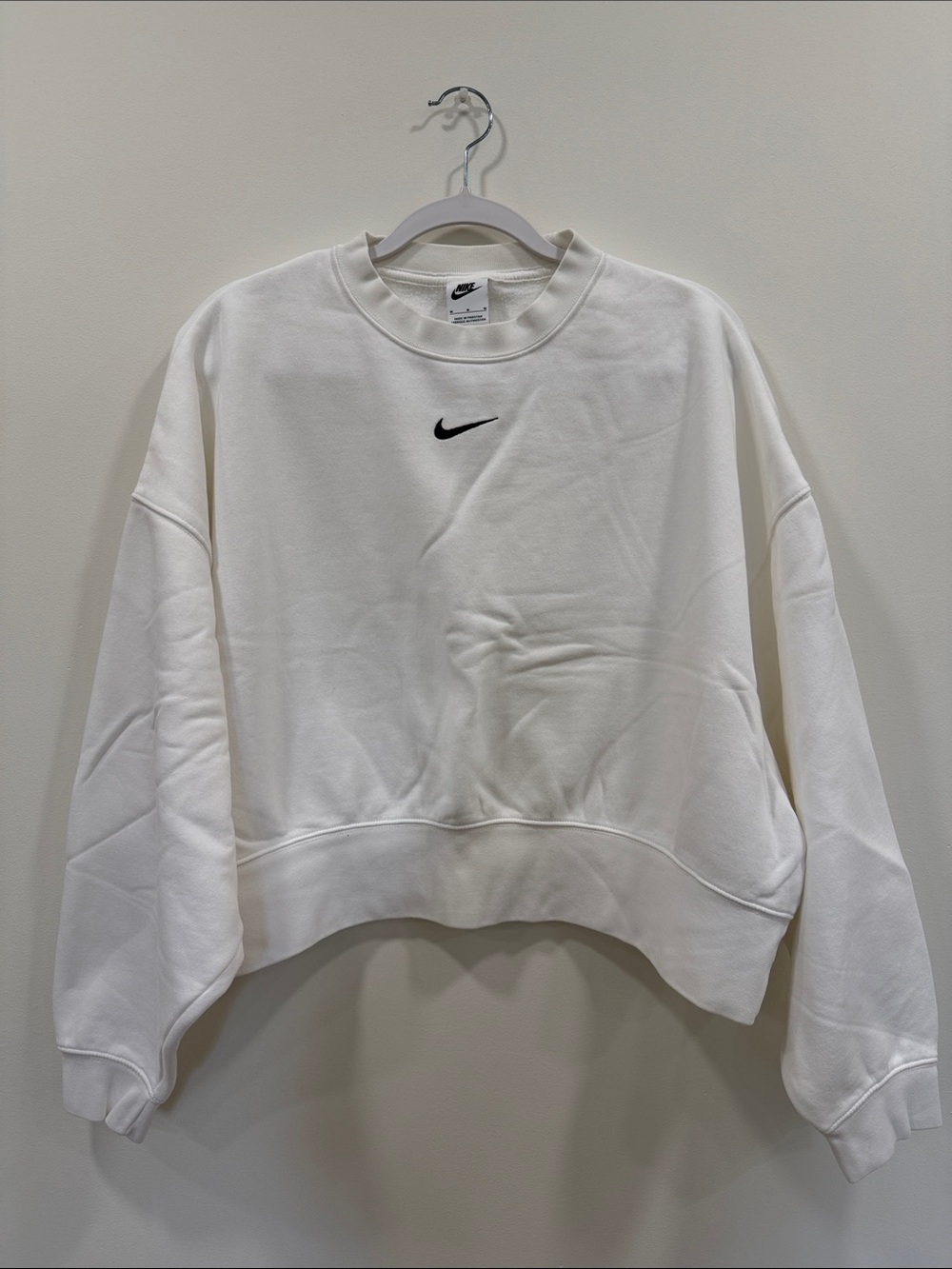 Nike White Cropped Crewneck Sweatshirt with Black Swoosh
